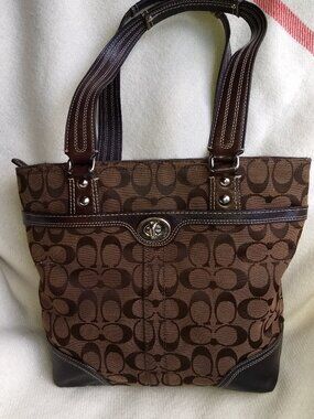 Coach F13973 Signature Canvas Tote Purse Brown Leather Trim Shoulder Bag Handbag